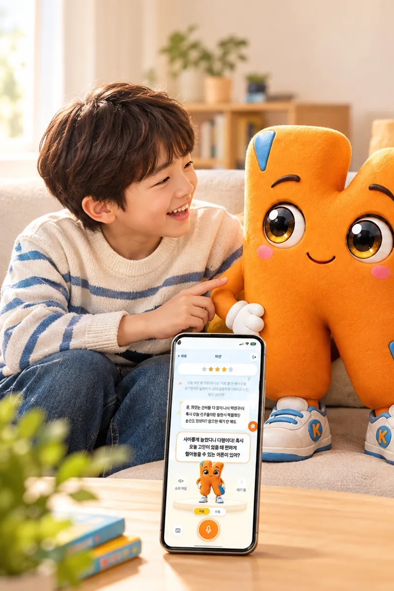 아이가 케이 인형 옆에서 휴대폰 속 케이와 이야기하며 웃는 모습