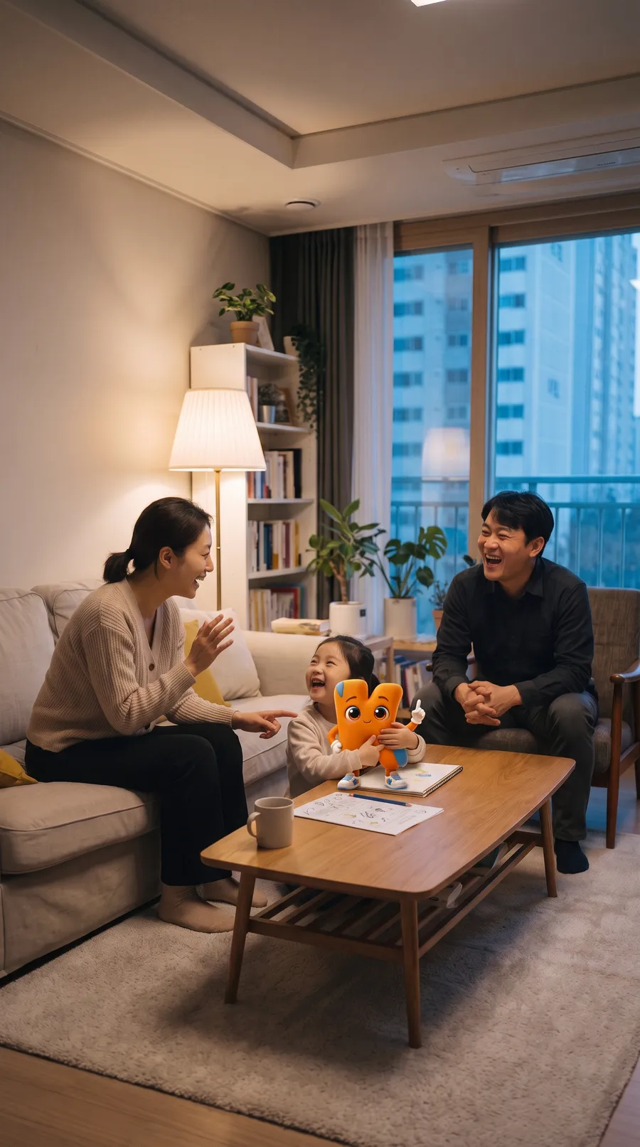저녁 거실에서 엄마와 아빠가 케이 인형을 안은 아이와 웃으며 이야기하는 모습